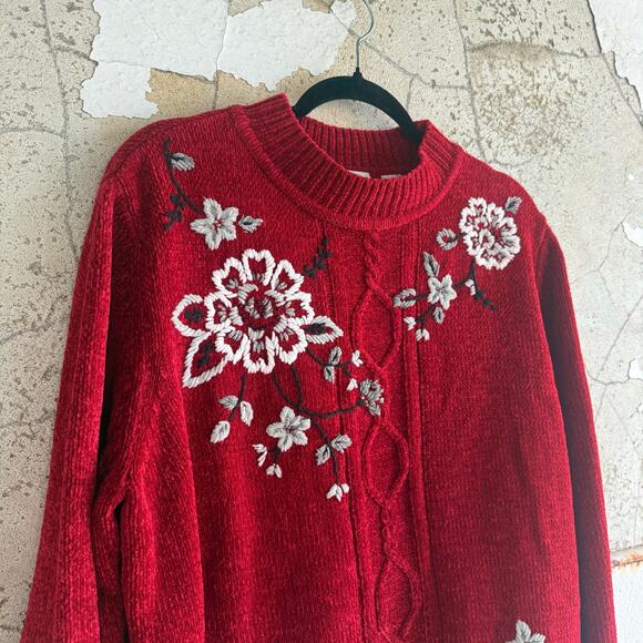 Vtg Alfred Dunner Chenille Sweater Red Cable Knit Embroidery Floral Holiday XL - Picture 4 of 8